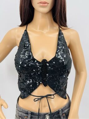 Vintage Y2K Iconic Festival Rave Party Clubbing Sequin Beaded Butterfly Crop Top